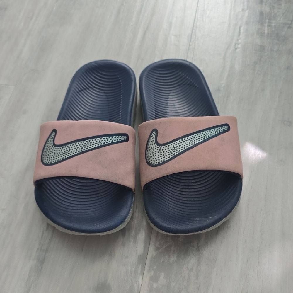 Nike Pink and Navy Slide Sandals with White Swoosh